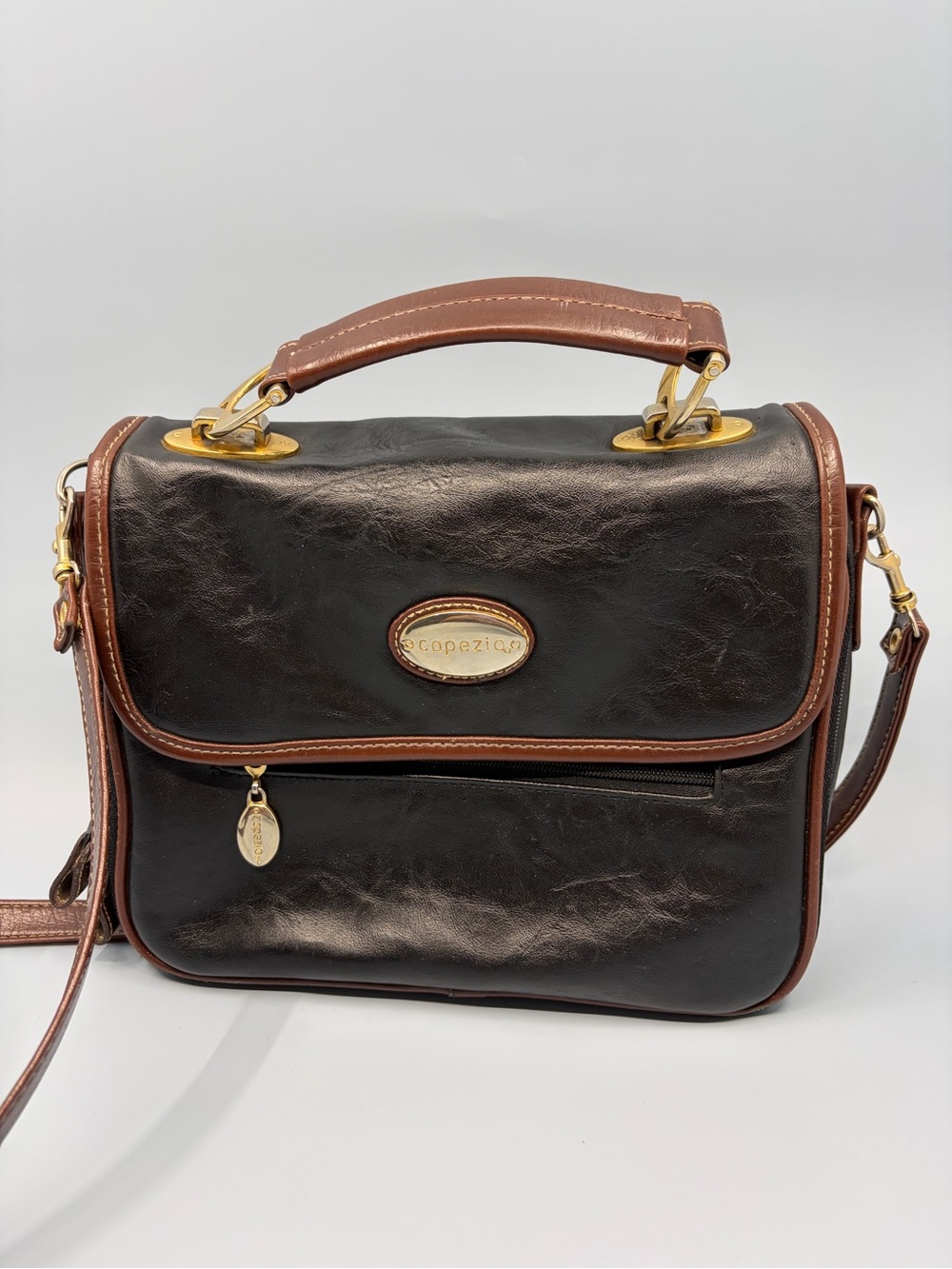 Vintage Capezio Brown Crossbody Satchel Bag Top Handle Multi Pocket Messenger